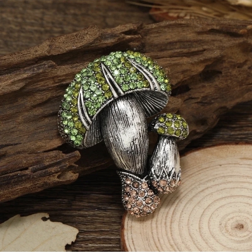 Silver & Green Mushroom Brooch